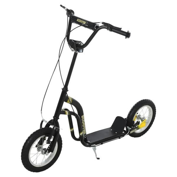 Black kids stunt scooter with adjustable handlebar, dual brakes, and rubber 12-inch wheels.