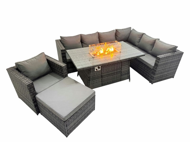 Fimous Garden Rattan Furniture Set 8 Seater Outdoor Corner Sofa Chair Gas Fire Pit Dining Table Set with Big Stool Dark Grey
