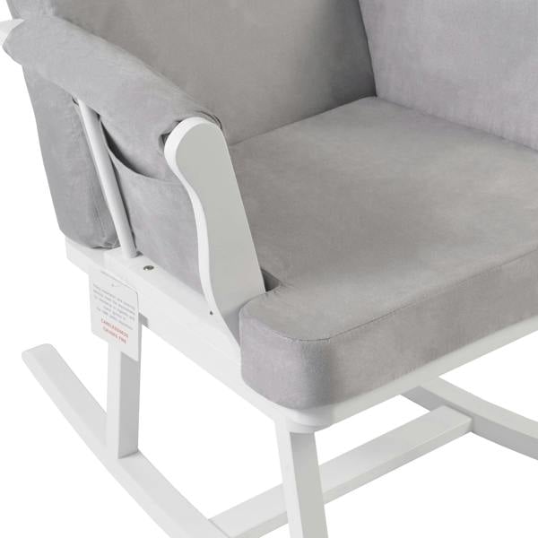 Haldon Rocking Nursing Chair White Wood and Grey Cushions Zoom Storage Pockets