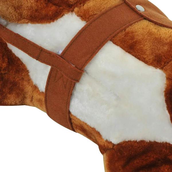 Brown and white plush ride-on horse body with padded saddle strap and harness