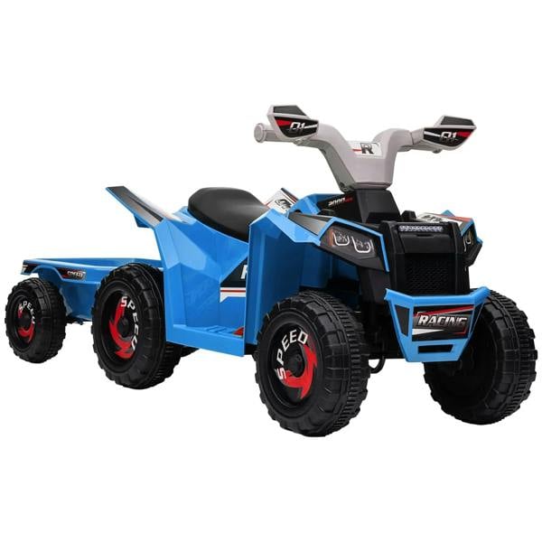 Blue 4-wheeler ride-on quad with gray handlebars and black seat