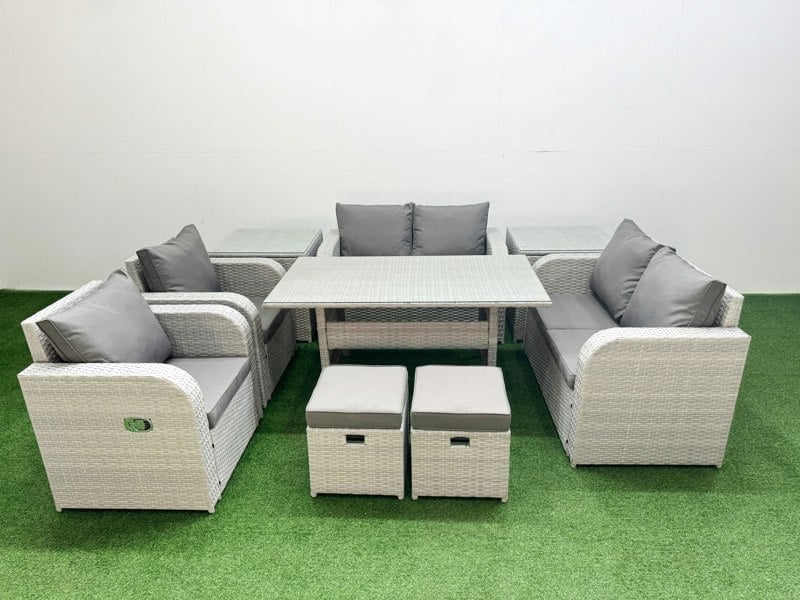 Fimous 8 Seater Outdoor Reclining Chair Love Sofa Set Rattan Garden Furniture Set with Rectangular Dining Table 2 Stools 2 Side Table Light Grey