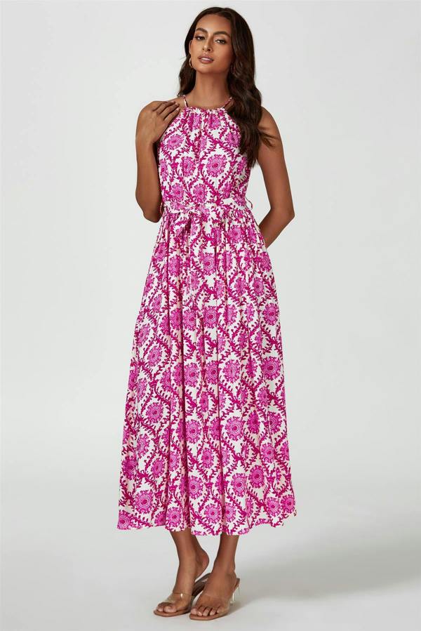 FS Collection Floral Print Tie Halterneck Maxi Dress In Pink