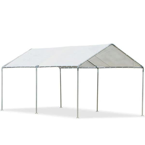 White open carport canopy tent with slanted roof and galvanized steel support frame