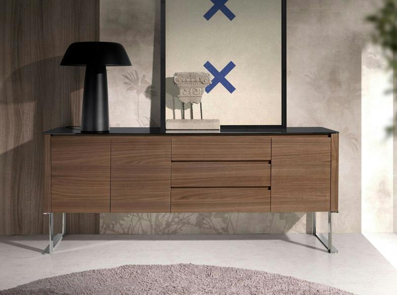 Angel Cerdá Sideboard Walnut, Chrome-plated Steel and Black Glass Top 3060