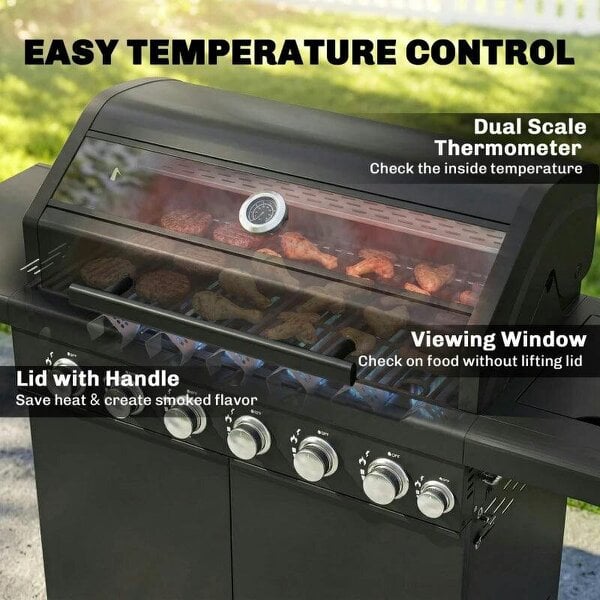 Bobobiy 6+1 Burner Gas BBQ Grill, Outdoor Barbecue Trolley with Wheels, Warming Rack, Thermometer, Bottle Opener, Black