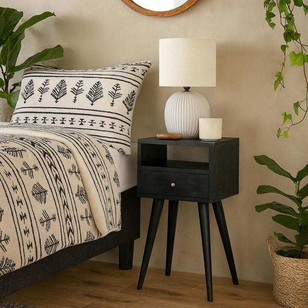 Wyld Haus Kood Mini Black Washed Mango Wood Bedside Table with Drawer and Open Shelf