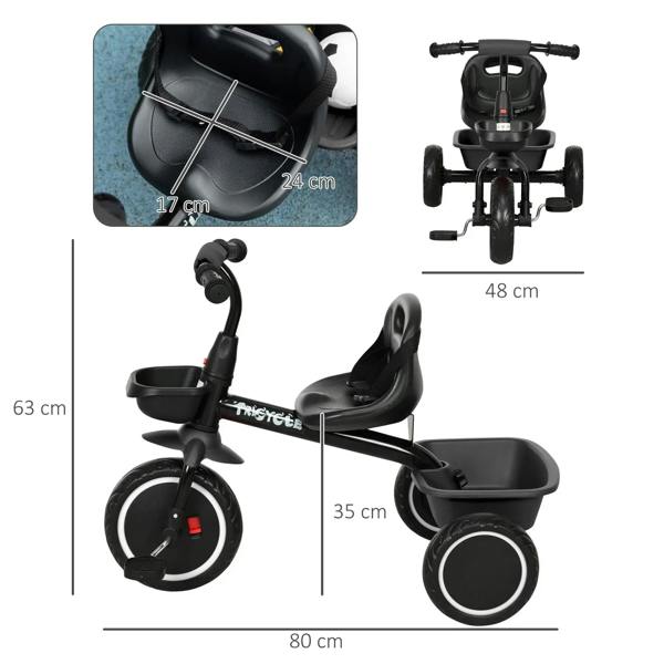 Black kids tricycle showing seat, handlebar, and front basket in a size diagram