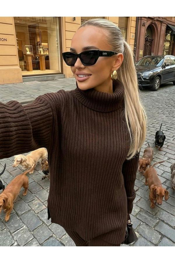 ikrush Mila Chunky Knitted High Roll Neck Top Bottom Co-ord Set