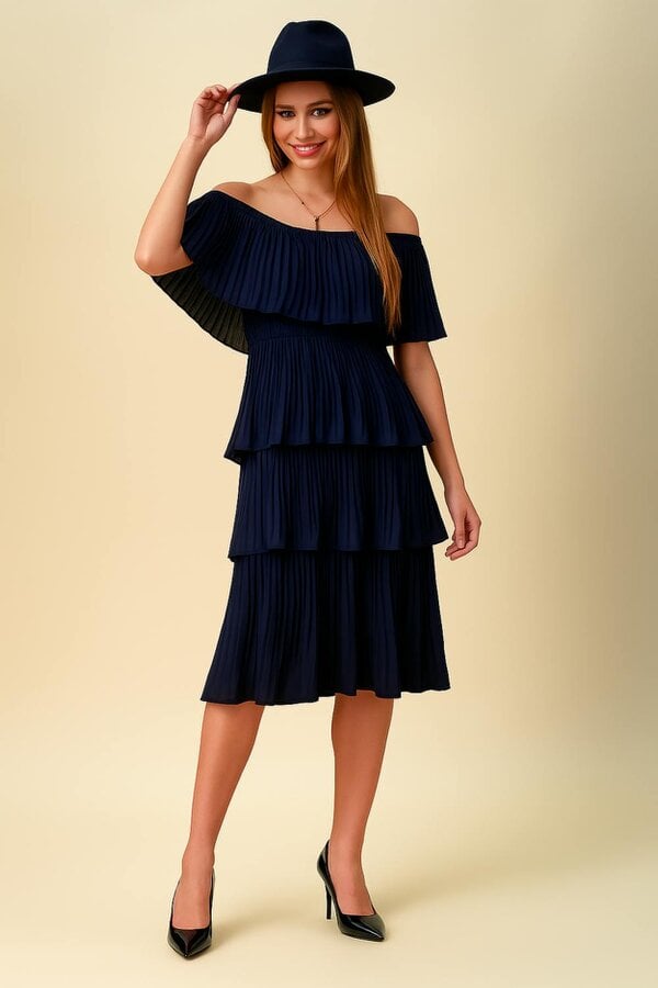 Hoxton Gal Oversized Midi Layered Dress in Navy