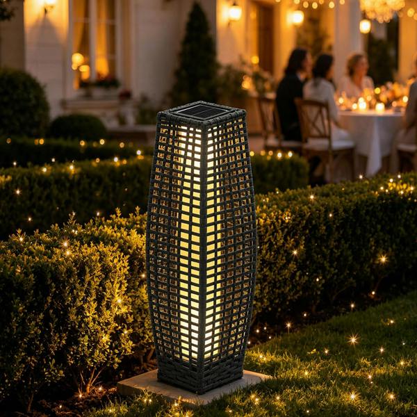 Gr8 Garden Solar Rattan Garden Lantern LED Light Grey Wicker Outdoor Path Lamp IP44 Patio