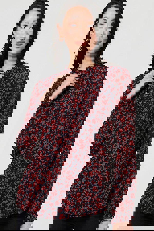 Navy | Printed Frilled Tie Neck Blouse
