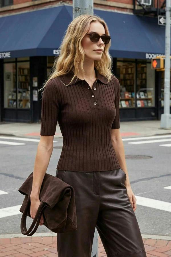 WOVCOR Basic Polo Collar T-Shirt Look Thin Blouse
