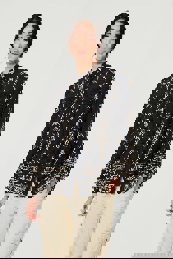 Black | Printed Lace Trim Long Sleeve Blouse
