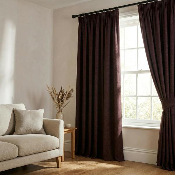 Kent made-to-measure curtains in Mulberry, styled in a living room