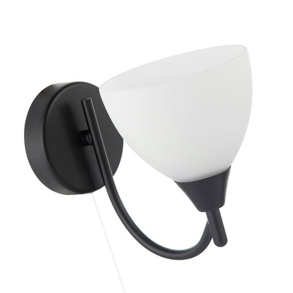 Contemporary Pull Switched Wall Light in Matte Black with White Glass Shade Image 5