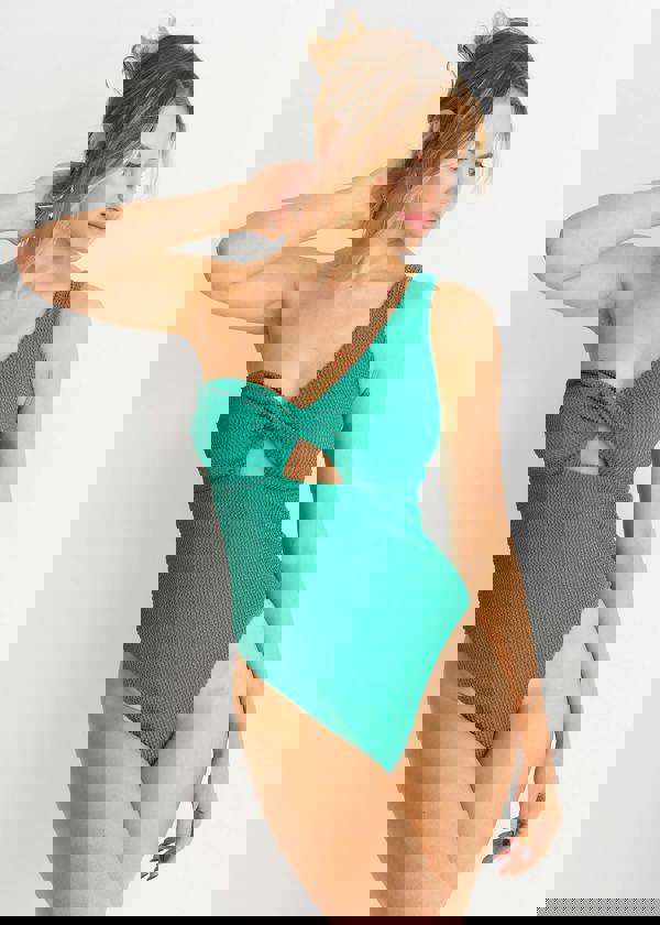 Gini London Green Textured Twist Front One Shoulder Swimsuit