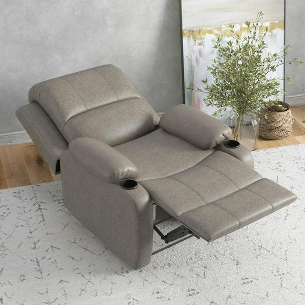 Light gray manual recliner chair with adjustable headrest and cup holders