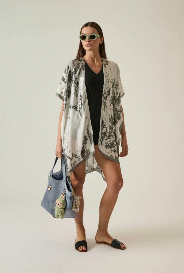 Black-and-white marble print kaftan, relaxed fit 