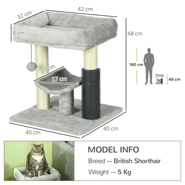 Grey cat tree diagram with bed and multiple scratching posts, showing dimensions in cm.