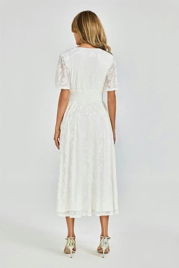 FS Collection Off White Velvet Burnout V-Neck Angel Sleeve Midi Dress
