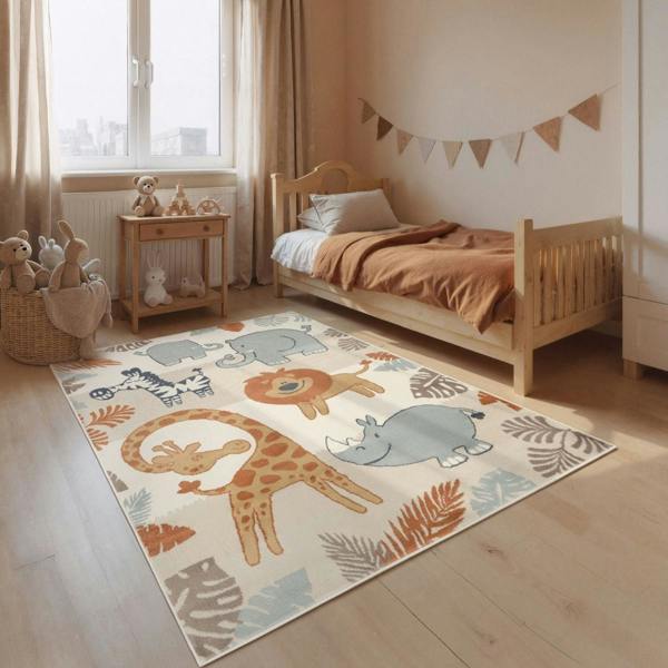 Children's room with a rug featuring animal illustrations and a wooden bed.