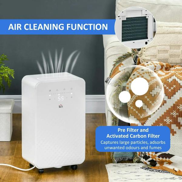 White portable dehumidifier with air purifier, front housing with filter grille