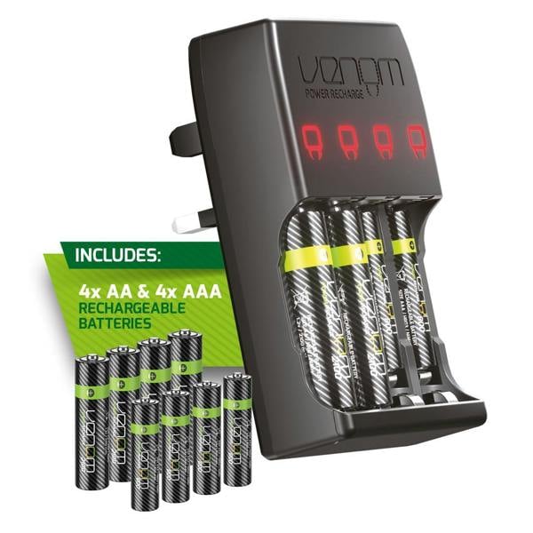 Venom Pro Charge Plug In Wall Battery Charger plus 4 x AA and 4 x AAA Rechargeable Batteries