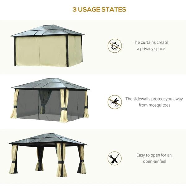 Hardtop gazebo set-up with curtained sides for privacy and mosquito protection