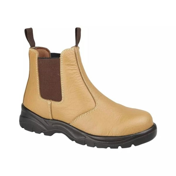 SAFETY LEATHER SLIP ON CHELSEA BOOTS STEEL TOE CAP - TAN - Daley Footwear