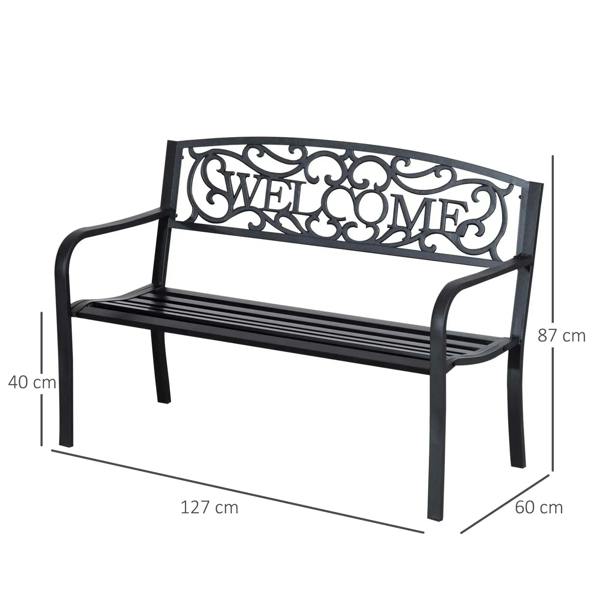 Black steel garden bench with curved arms, slatted seat and 'WELCOME' backrest