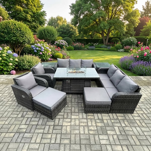 Fimous 10 Seater Rattan Outdoor Furniture Set with Gas Fire Pit Dining Table, 2 Reclining Chairs, 2 3-Seater Sofas, 2 Side Tables - Dark Grey