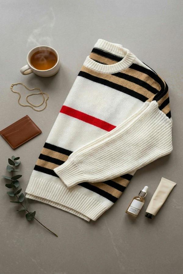Ava Oversized Striped Long Sleeve Knitted Jumper - White