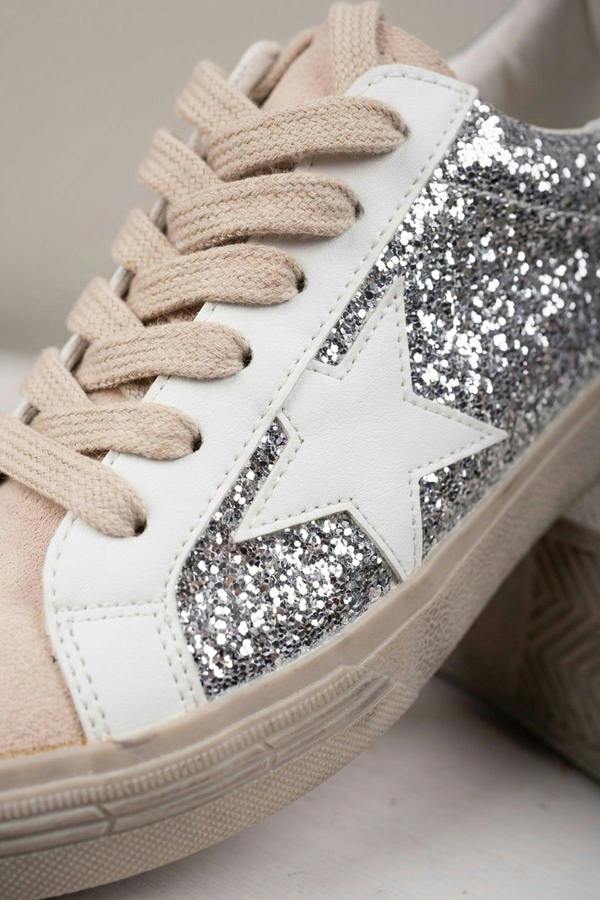 Tatum Glitter Star Detail Lace Up Trainers - Silver