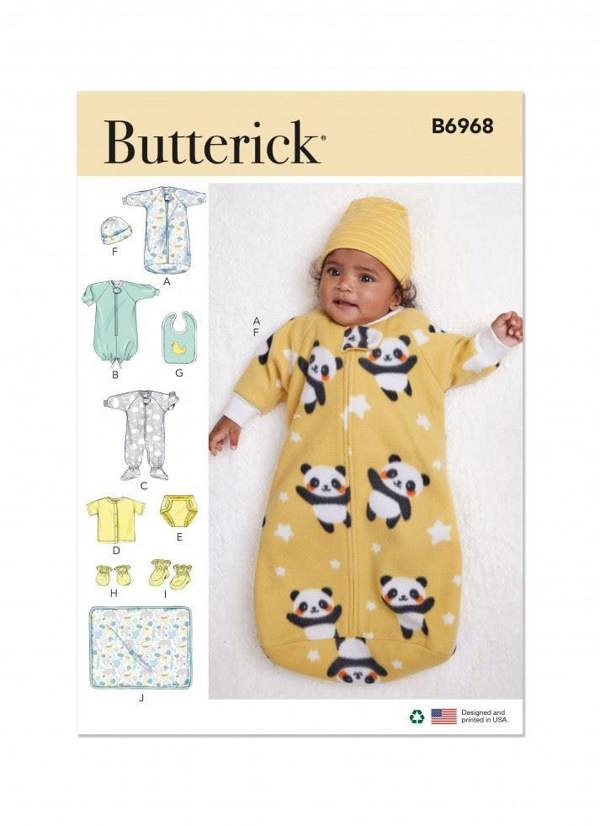 Butterick Sewing Pattern 6968, Jumpsuits, Tops, Headwear, Bibs, Shoes, Blankets for Baby, A (XXS-XS-S-M-L) - Easy
