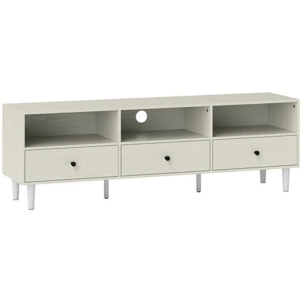 Cream white TV stand with open shelves and three drawer storage, minimal modern design