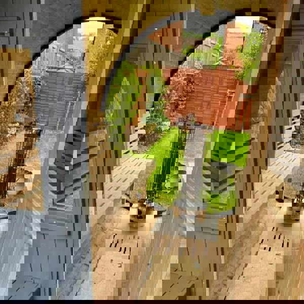 400cm Spruce Barrel Sauna | Thermowood | Terrace | Wood-Fired or Electric.