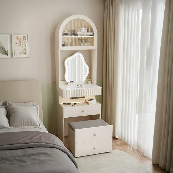 Lia Slimline Dressing Table, With USB Port, LED Mirror & Stool-Rit Concept-Rit Concept