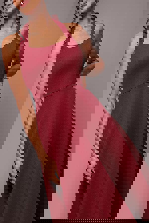 Contrast Organza Frill Bow Back Halter Midi Dress - Burgundy Black DR4770