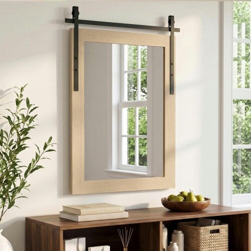 HOMCOM Farmhouse Rectangle Mirror, 110 x 66 cm, White Oak