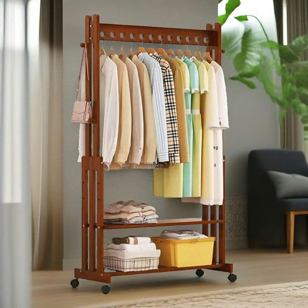 Rafaelo Mobilia Bamboo Clothes Rail With Shelves & Wheels Walnut Brown