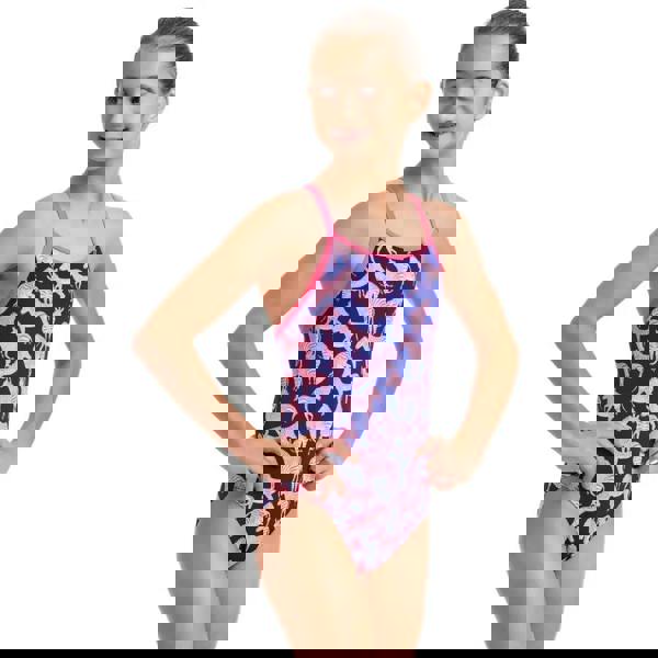 Funkita girls sweet stripes diamond back swimsuit in navy pink with alpaca print