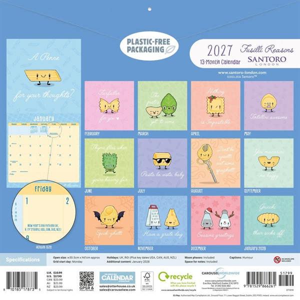 Fusilli Reasons, Life is full of Pastabilities Calendar 2027, Wall Calendars, Month To View, Lifestyle, Gift