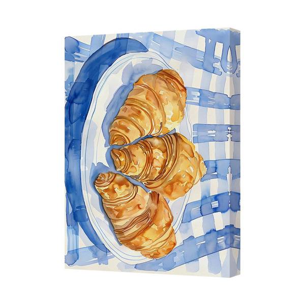 Benjamin Tate Design Contemporary Handmade Canvas Art Print Croissants On Plate With Blue Backdrop