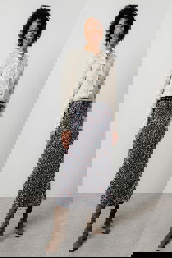 Lily & Me Lauren Floral Print Jersey Midi Skirt Chocolate