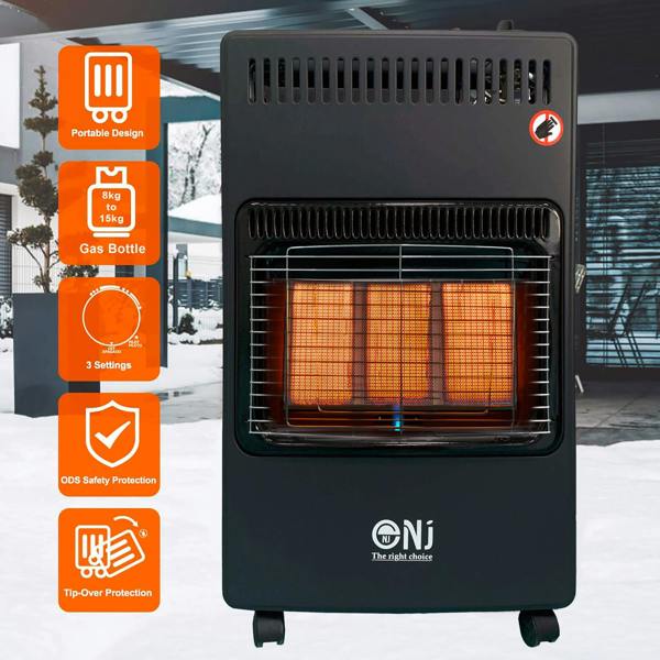 Portable gas heater with safety features and NJ branding in a snowy outdoor background.