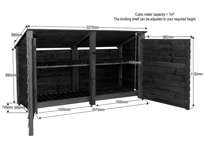 Arbor Garden Solutions Wooden Log Store (Roof Sloping Back) with Doors and Shelf W-227cm, H-126cm or 180cm, D-88cm - Brown Finish