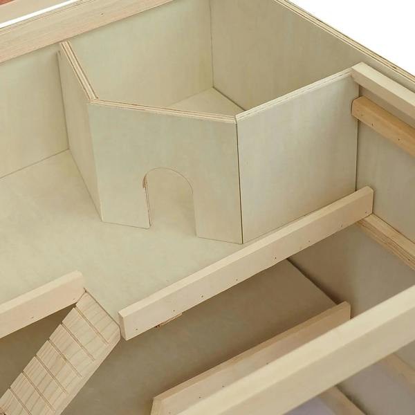 Wooden hamster cage interior with enclosed corner walls and arched entry cutout