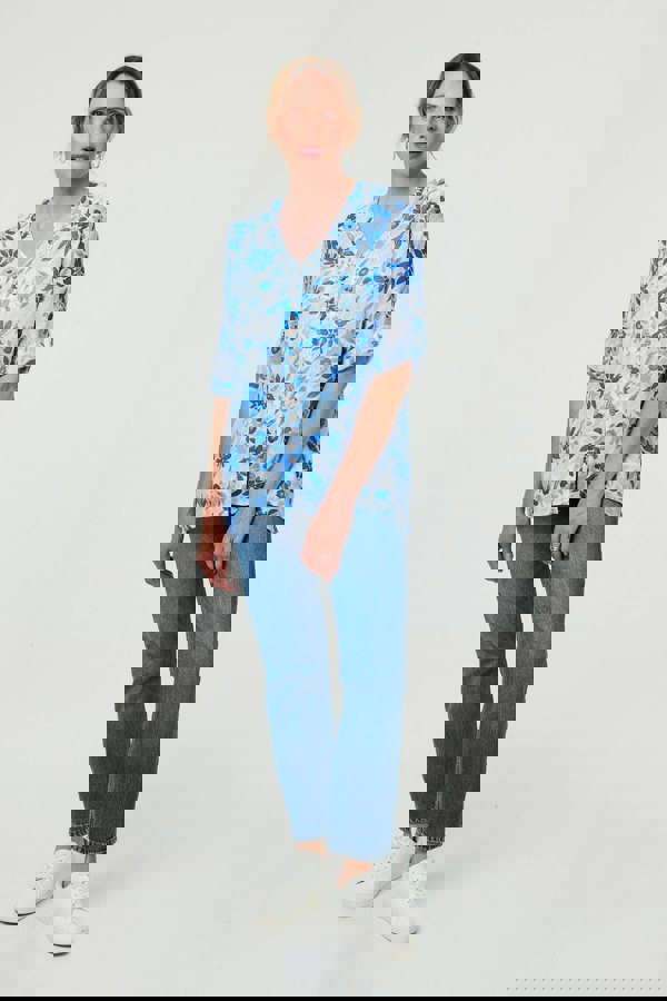 Blue | Floral Button Front Curve Hem Tunic
