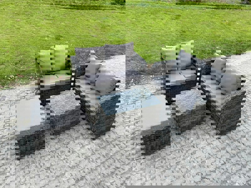 Fimous Outdoor Lounge Sofa Set Rattan Garden Furniture Set with Rectangular Coffee Table Big Footstool Dark Grey Mixed